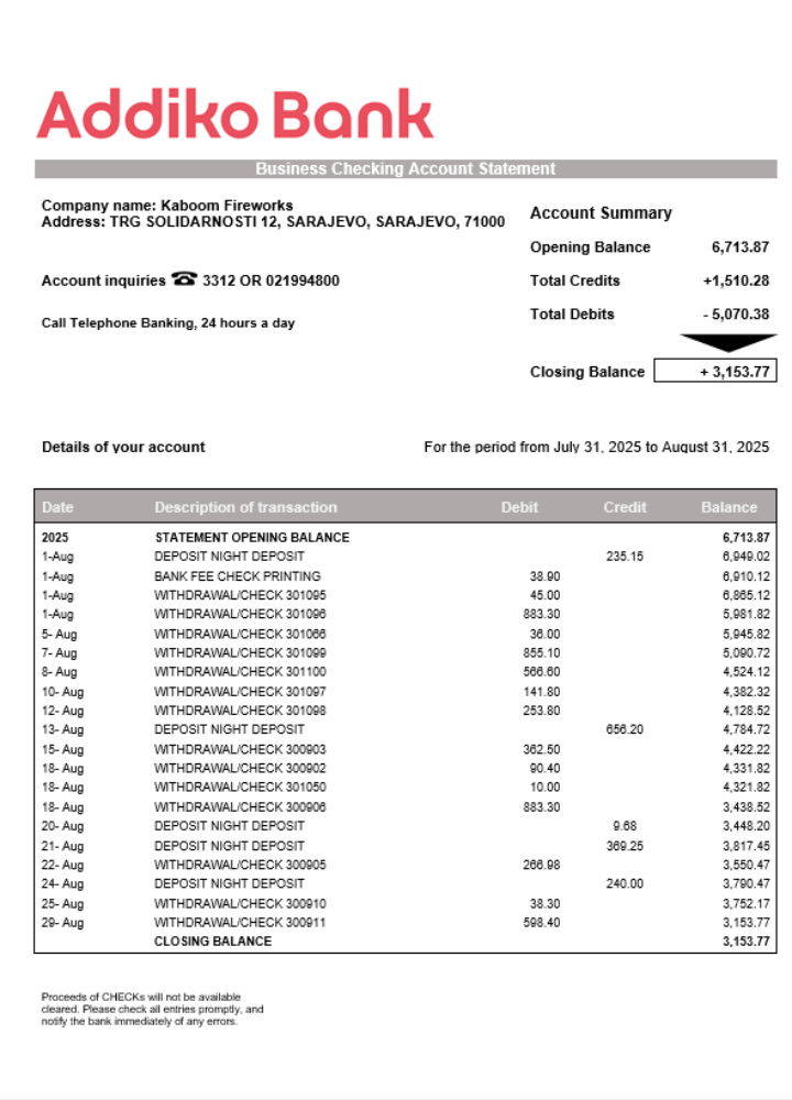 Modèle Word et PDF de relevé de compte d'entreprise bosniaque Addiko